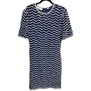 Vintage SCALA Navy Blue White Iridescent Sequin Silk Dress Short Sleeve Size L